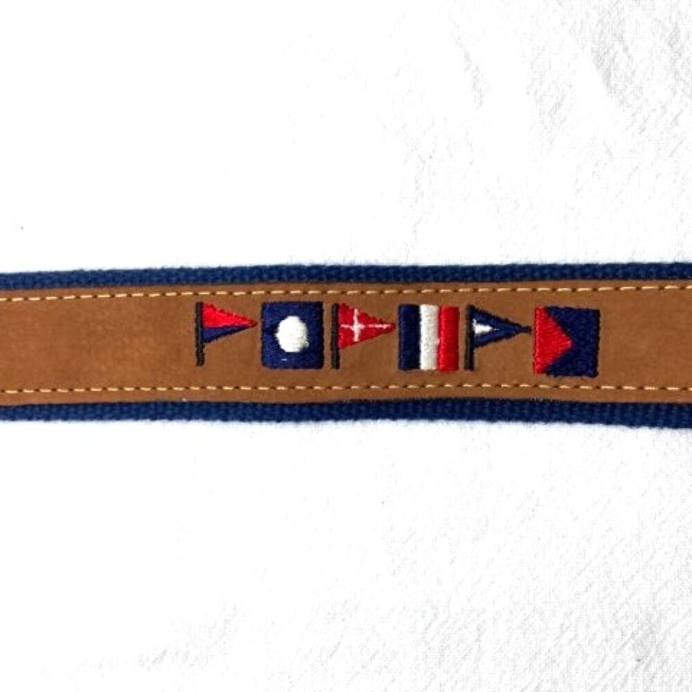 Zeppelin Men's Belt Sz‎ 34 Solid Brass Buckle Blue Brown Nautical Flag Print USA
